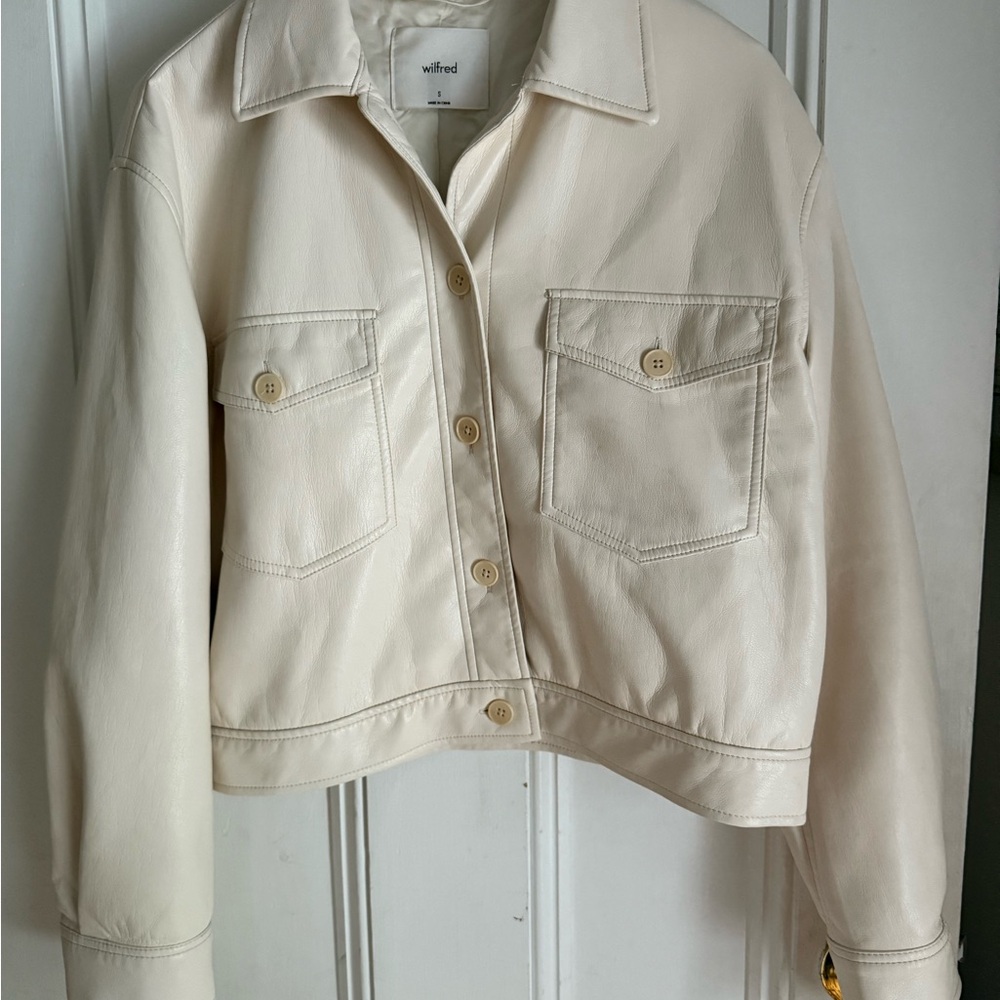 Aritzia Cream Leather Jacket Modern Cropped Design